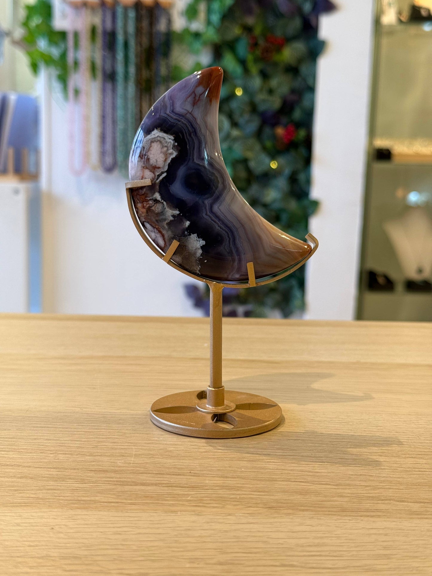 Blue Flower Agate Moon on Stand