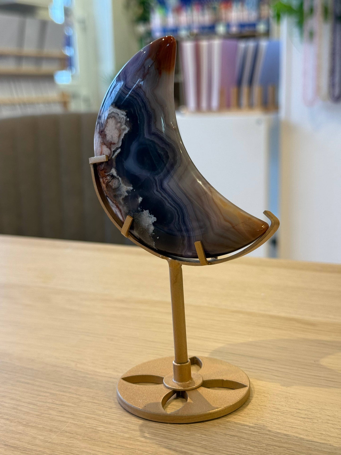 Blue Flower Agate Moon on Stand