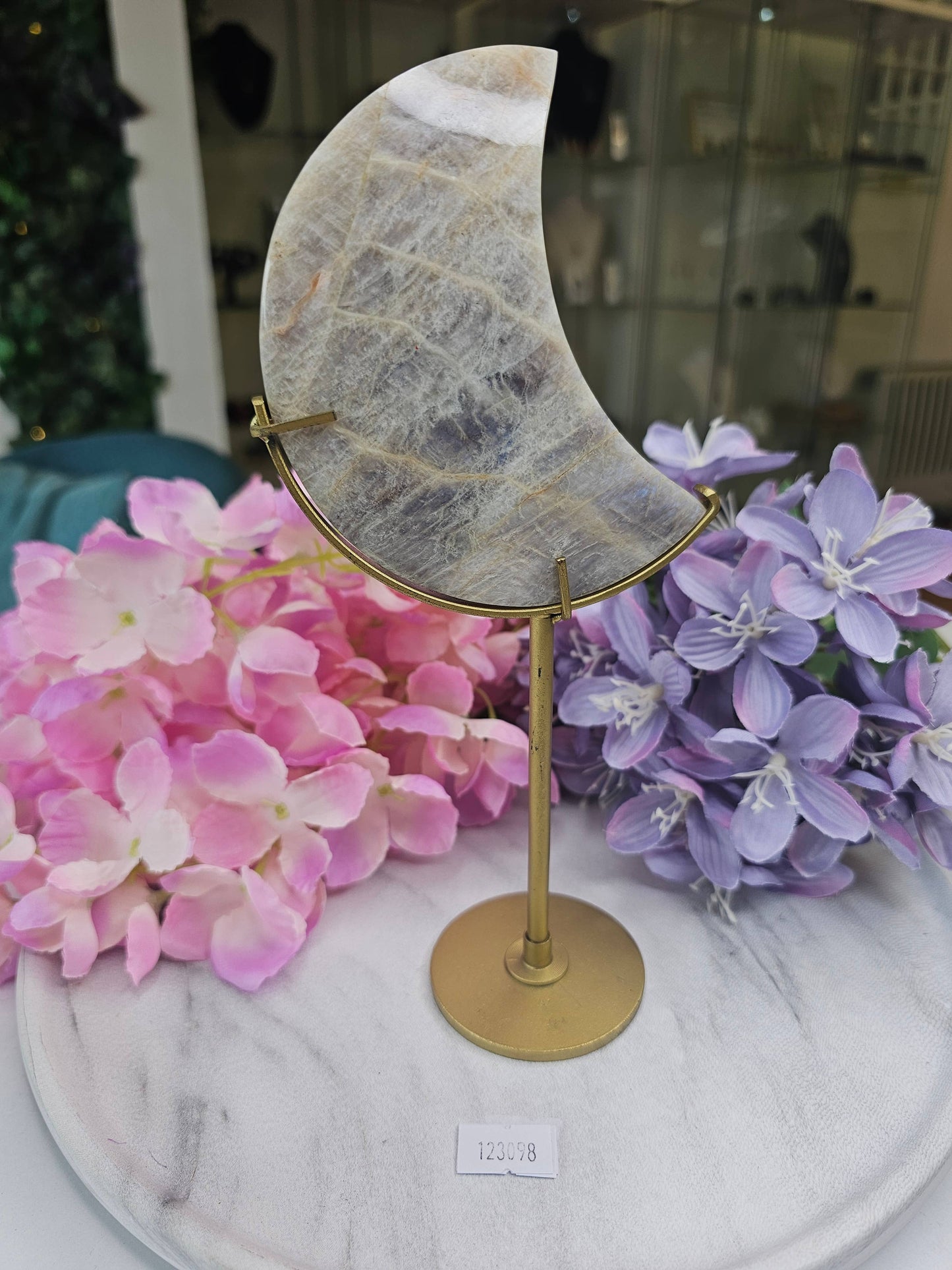 Crescent Moonstone on Stand