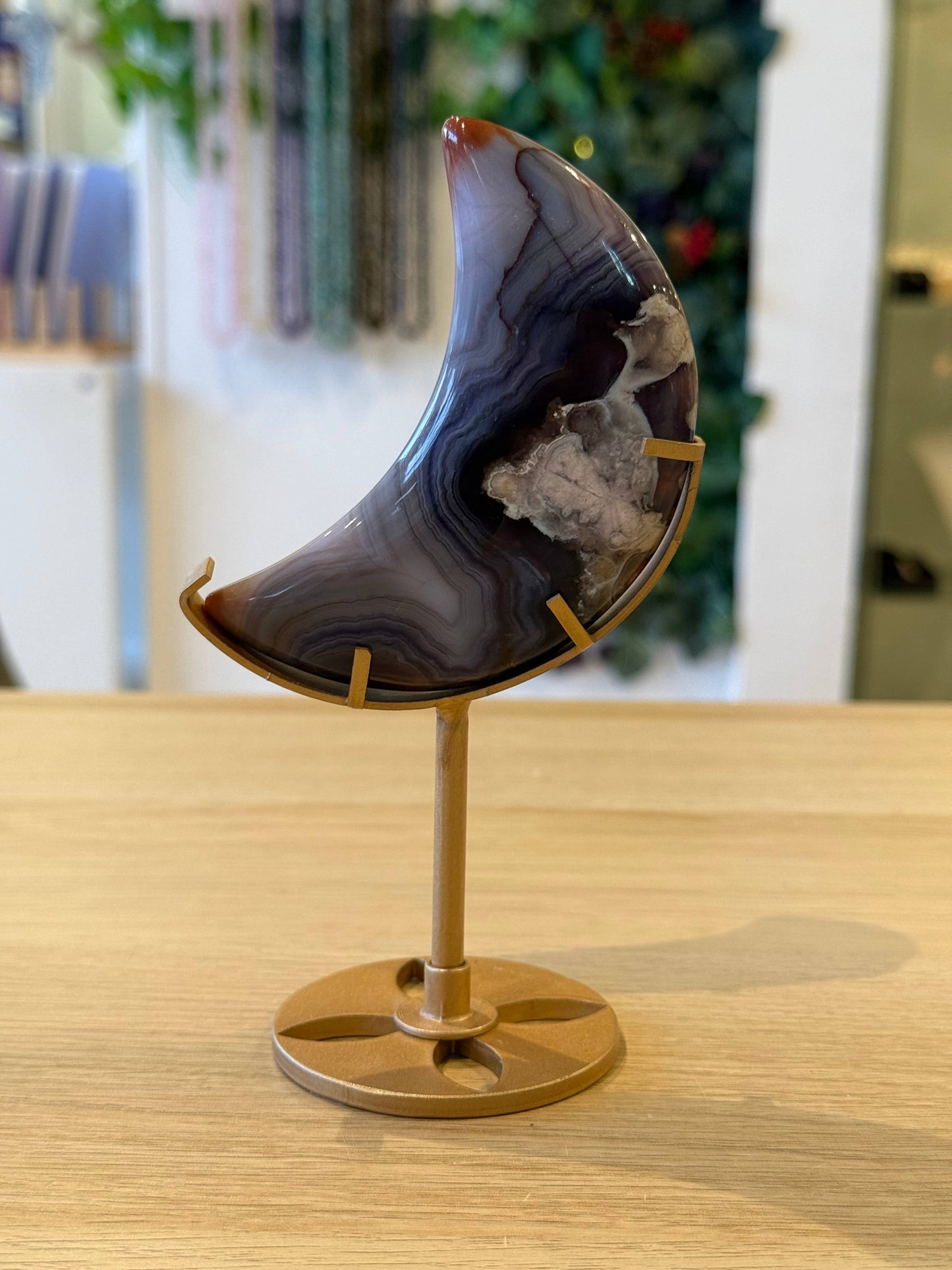 Blue Flower Agate Moon on Stand