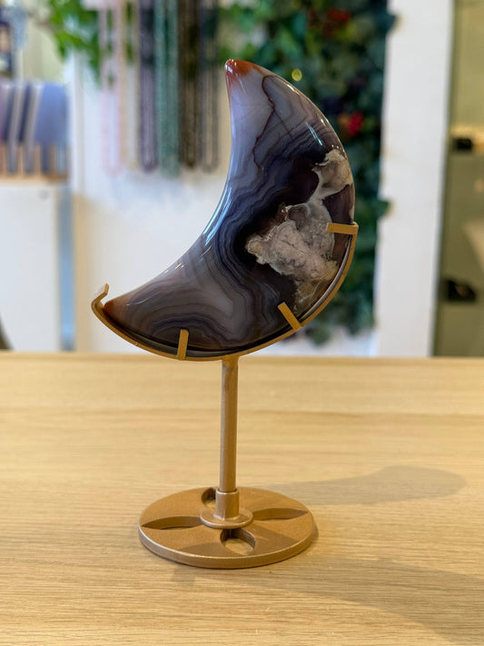Blue Flower Agate Moon on Stand
