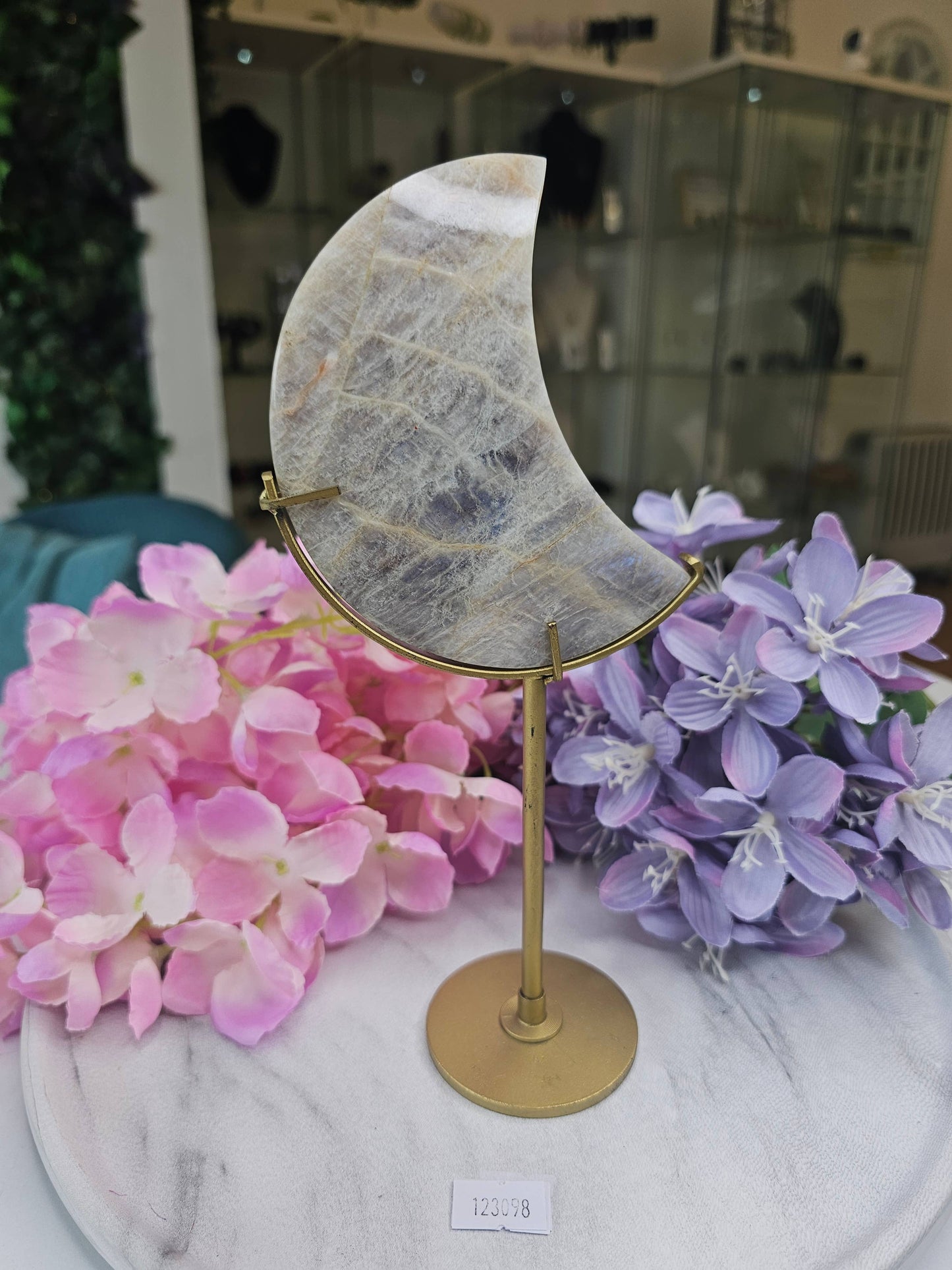 Crescent Moonstone on Stand