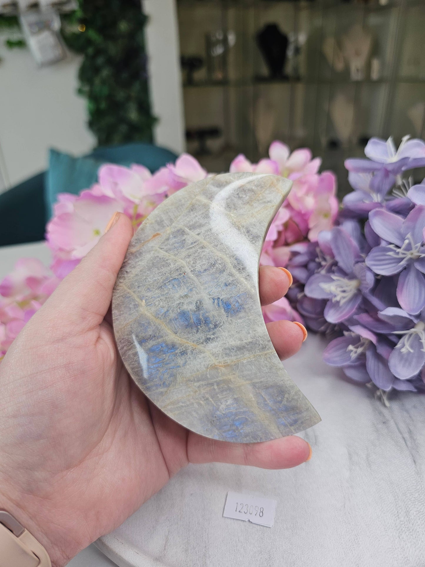 Crescent Moonstone on Stand